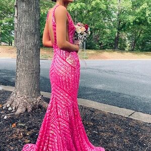 Jovani Vibrant Pink Backless Sequin Dress